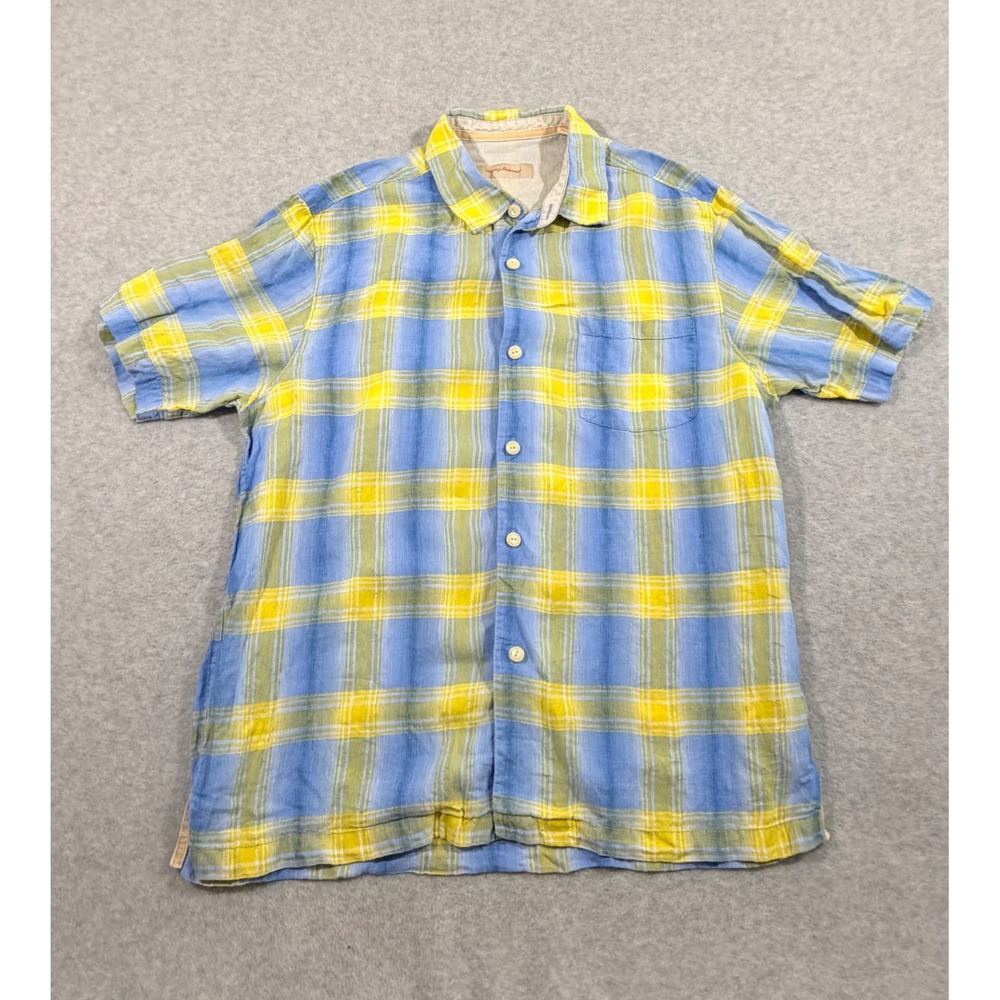 Tommy Bahama Button Down Shirt Mens Large Blue Yellow Plaid 100% Linen - Picture 2 of 9